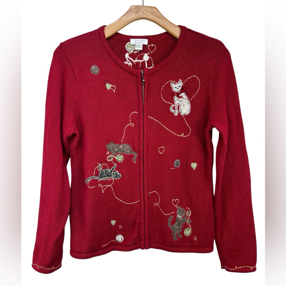 Christopher & Banks Full Zip Red Quilted Cat Cardigan